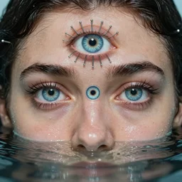greek god, three eyed, wide shot, dry, in water, colors, eye in forehead, pins, very detailed, wet eyes reflecting into eyes reflecting into infinity, beautiful lighting