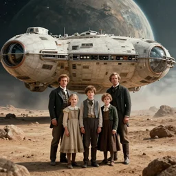 highly detailed, 5128435456k film, 480mm film still from a sci fi blockbuster color movie made in 2019, set in 1860, of a family standing in front of a spaceship that has just landed on an alien planet, the family are all wearing 1860s era clothes, good lighting, good photography, ultra high definition