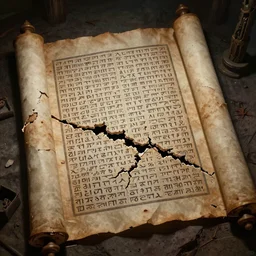 ultra - realistic horrifying photo of a partially damaged dead sea scroll with nabeatean aramaic in sideways columns, by dave dorman, paul carrick, dark, brooding, volume lighting, atmospheric lighting, painted, intricate, ultra detailed, well composed, best on artstation, cgsociety, epic, stunning, gorgeous, intricate detail, wow, masterpiece