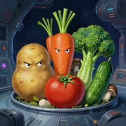 angry vegetables ( potato, carrot, tomato, broccoli, cucumber, mushroom ) in space station | anime horror lovecraft oil painting high resolution scifi futuristic ghibli inspired 4 k