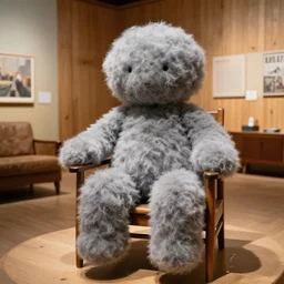 realistic museum photo of a grey fluffy cloudy human object, sitting in wooden chair in a wooden living room 1 9 9 0, life magazine reportage photo, natural colors