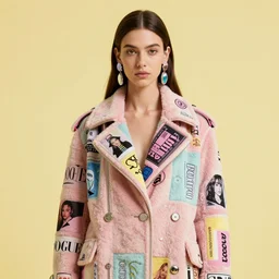 coat for a rave, hairstyle, earrings, bright soft colors, soft yellow background, many details, prints, photo for a magazine, photo for a store, fashion photography, Vogue, 135 mm, cinematic, hyper realism, high detail, octane render, 8k, chrome accents, very coherent symmetrical artwork, perfect face model, Soft light, Reduced contrast , best quality resolution