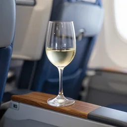 looking down at my glass of wine in premium economy, aeroplane seat, photorealism, highly detailed, wooden armrest, white wine, focus blur