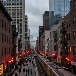 high quality photograph of a city, people walking, nice place to live, skyscrapers, midrise buildings, narrow streets, soft red street lamps, small windows, trains, cloudy day, cozy, concept art, artstation hq, detailed, beautiful, dynamic, night, repeating pattern, photograph, realistic