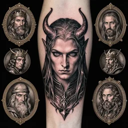satan, sorcerer, lord of the rings, tattoo, decorated ornaments by carl spitzweg, ismail inceoglu, vdragan bibin, hans thoma, greg rutkowski, alexandros pyromallis, perfect face, fine details, realistic shaded