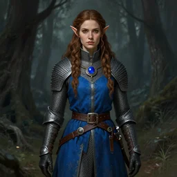 portrait knight female, chain mail armor, blue surcoat, blue coat, elf long weaving brown hair, round blue necklance, leather gloves, wide belt, dark forest, dnd fantasy, intricate, digital painting, artstation, concept art, matte, sharp focus, illustration, hearthstone, art by loes romero, artgerm, mucha