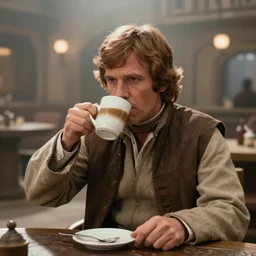 A long-shot, color cinema film still of a Marlin Monroe drinking coffee in the Mos Eisley's Tavern , misty, studio lighting; from Star Wars(1977)