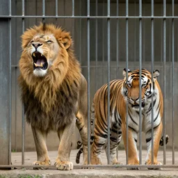 lion and a tiger roaring in cage at the zoo