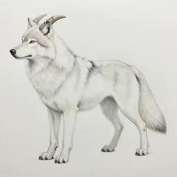 a white feathered wolf with a bladed horn and tail. a colored - pencil drawing of absol in the style of pokemon. absol caught on a deep forest mountain night vision trail cam