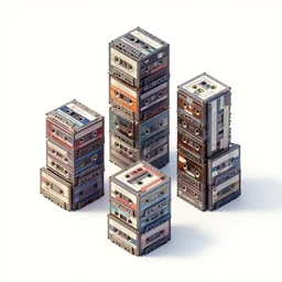 buildings made of cassette tapes, isometric view