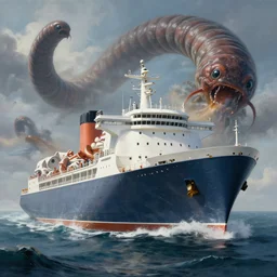 painting of a massive modern ship sailing in the atlantic being attacked by a massive earth worm, full view, popular on artstation, artstationhd, artstationhq 8 k, volumetric lighting, super focused, no blur, trending on artstation, ultra detailed, by artgerm and james gurney, greg rutkowski,