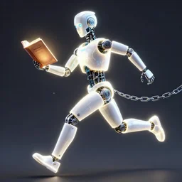 running glowing robotic humanoid holding glowing book, broken chains