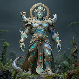 ancient giant god being made of opal in desolate and lush landscape, moody, :: by James Jean, Jeff Koons, Dan McPharlin Daniel Merrian :: ornate, dynamic, particulate, rich colors, intricate, elegant, highly detailed, centered, artstation, smooth, sharp focus, octane render, 3d