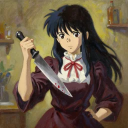baroque oil painting of anime key visual concept art of anime girl serial killer holding bloody kitchen knife, acrylic painting, trending on pixiv fanbox, palette knife and brush strokes, style of makoto shinkai jamie wyeth james gilleard edward hopper greg rutkowski studio ghibli genshin impact