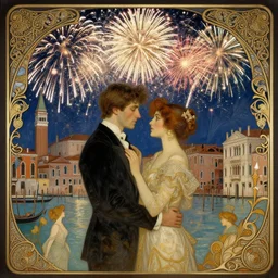 photography of a couple in venice with fireworks, deep focus, intricate, elegant, highly detailed, digital painting, artstation, concept art, matte, sharp focus, illustration, art by artgerm and greg rutkowski and alphonse mucha and gil elvgren