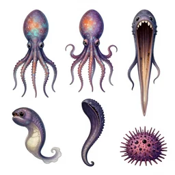 deep sea creature halloween character design sheets including a vampire squid, gulper eel, and sea urchin for night in the woods the video game Jamie Hewlett