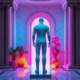 “ a beautiful mannequin made of marble printed in 3 d geometric neon kintsugi!!, facing a giant doorway opening with a neon pink light, vaporwave pineapples + orchids, inside a room with marble columns, transcendent, vibrant color, clean linework, finely detailed, 4 k, trending on artstation, photorealistic, volumetric lighting, octane render ”