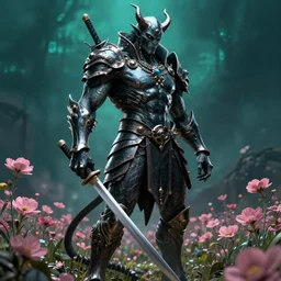 hyperrealistic neo - gothic muscular human demon hybrid, exoskeleton armor, holding katana, standing in a field of pink flowers, highly detailed smooth concept art masterpiece, vitaly bulgarov dramatic dark teal light, ground angle hd 8 k, sharp focus