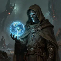 masked nomad wearing a cloak on an alien world and holding a holographic planet projection in his hand, detailed, sci - fi, digital painting, artstation, sharp focus, illustration, ominous, artgerm, tomasz alen kopera, peter mohrbacher, donato giancola, joseph christian leyendecker, wlop, frank frazetta
