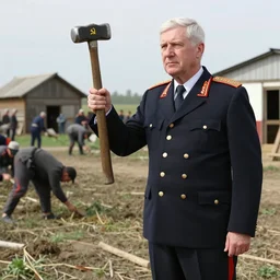 soviet propaganda of robert mueller holding a hammer and sickle in realistic collective farm