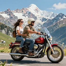 of a man and a woman on a romantic escape in the Mont blanc mountain, driving a harley Davidson retro motorbike, in the style of Gehry, macro lens, shallow depth of field, highly detailed, digital painting, trending artstation, concept art, illustration, cinematic lighting, vibrant colors, photorealism, epic, octane render