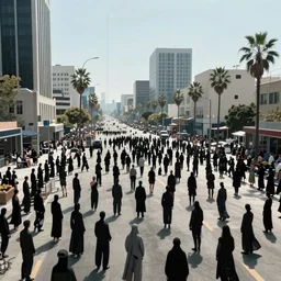 cinematic wide angle view of a dystopian instagram influencer parade through the streets los angeles being worshipped by shadow figures, by yoshitaka amano, by ruan jia, by conrad roset, by kilian eng, high detail, digital painting, minimalist art style, death stranding art style, cinematic lighting, artstation, cgsociety, 3 5 mm film grain