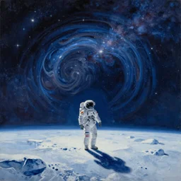 an epic painting of a futuristic solitary astronaut walking along an airless icy planet in the endless starry night of space, unreal 5, DAZ, swirl of colors, detailed, soft focus, brilliant, 4k, 8k, HD, trending on artstation, art by Rick Guidice painting by Robert McCall by John Harris, abstract