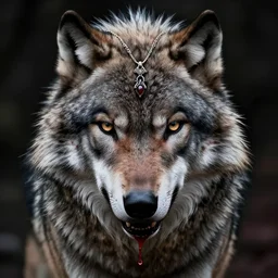 fujifilm superia photo of a wolf from hell, dangerous, evil, bloody, small necklace on the head, fur jewelry, intricate details, symmetrical, breath - taking, exif, trending on artstation, cgsociety, by wlop and artgerm