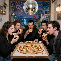 a bunch of disco vampires eating pizza in tel aviv by monet