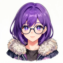 girl ; purple hair ; starry eyes ; bright colours ; idol ; wearing glasses ; wearing fur lined jacket ; drawn by mengo yokoyari ; digital art ; high detail ; trending on artstation ; anime key visual