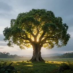 a serene landscape with a { powerful } tree of life in the middle, volumetric illumination, octane render, cinematic lightning, 8 k