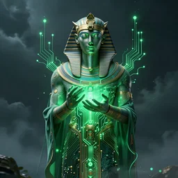 the ethereal god of technology bestows the gift of green circuits to humanity. ocean storm burtalist immaculate matte painting. fantastic. velvet and emerald. high key studio lighting. fractal dreams. ancient egypt, trending on artstation, cgsociety, ps 5, uhd 8 k cryengine