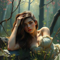 illustration studio portrait of a beautiful girl in an artistic pose resting in nature, monet painterly motives and textures pattern, hyper detailed, octane render, vivid colors, artstation, by jeremy mann, by alphonse mucha, by monet