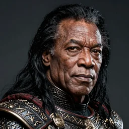 hyperrealistic mixed media portrait of james earl jones as thulsa doom with long black hair in rune-engraved armor, forward angle, stunning 3d render inspired art by Barry Windsor-Smith + perfect facial symmetry + dim volumetric lighting, 8k octane beautifully detailed render, post-processing, extremely hyperdetailed, intricate complexity, epic composition, grim yet sparkling atmosphere, cinematic lighting + masterpiece, trending on artstation