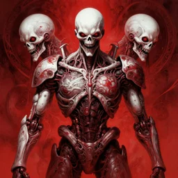 symmetry portrait of grotesque evil robot, cosmic horror, lovecraftian horror, intricate, horror, highly detailed, digital painting, artstation, giger concept art, smooth, sharp focus, illustration, art by tomasz alen, alen kopera, julie bell, alphonse mucha and junji ito, monohcrome red, white, black