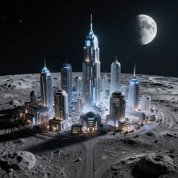 highly detailed realistic photo of man made futuristic glowing city on moon at night, wide angle shot, award winning masterpiece art, hyper realistic, concept art, 8 k detail post - processing