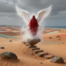 one lone singular swirling otherworldly angelic figure shrouded in red robes and white mist emerges from an extensive colorful dune scape with a stairway of floating boulders, windswept, sand, rocks, sparse vegetation, distant cityscape, grey cloudy skies, distant ocean, contrejour lighting, high contrast, highly detailed, a matte painting by Peter Mohrbacher and Filip Hodas and Jeffrey Smith, Unreal Engine, 8k HDR