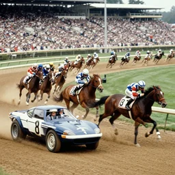 horses racing against cars in a heated race in 1975, shot from a Pulitzer winning photography