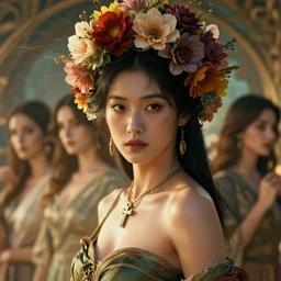 a stunning portrait of an asian valkyrie with a flower headdress by artgerm, dynamic lighting, ray tracing, tom bagshaw, alphonse mucha, donata giancola, mary jane ansell, ankh necklace, atmosphere, realism, octane render, dof, hyperdetailed, 8 k