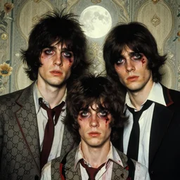two handsome but sinister young men wearing gucci in layers of fear, with haunted eyes and wild hair, 1 9 7 0 s, seventies, wallpaper, a little blood, moonlight showing injuries, delicate embellishments, painterly, offset printing technique, by brom, robert henri, walter popp, alan lee