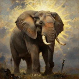 elephant as barbarian knight with big sword, strong sun backlight sunrays  body , extreme very textured detailed portrait oil painting by rembrandt,   dramatic clouds and  atmosphere