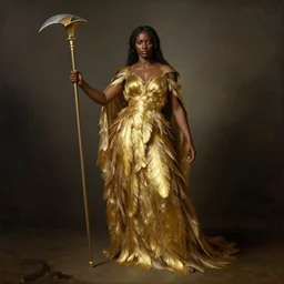brown skinned goddess with a dress made of golden faethers, shes holding a reaper, by gaston bussiere, epic painting, realism, artstation, full body, octane render, sharpness, 8 k, golden ratio