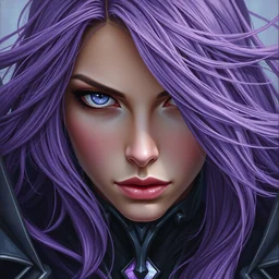 extreme close up portrait of a beautiful woman in bionic amethyst armor, female, flowing purple hair, intense stare, stoic, symmetrical, concept art, intricate detail, volumetric shadows and lighting, realistic oil painting magic the gathering style, destiny,