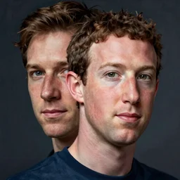 A portrait of Mark Zuckerberg fused with Jesse Eisenberg's face