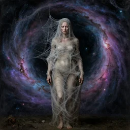 a withered woman wrapped in cobwebs, standing next to an inter dimensional portal of nebulas, by jan van eyck