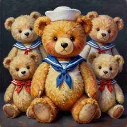 intricate five retro sailor teddy bear, oil on canvas, hdr, high detail, photo realistic, hyperrealism, matte finish, high contrast, 3 d depth, centered, masterpiece, vivid and vibrant colors, enhanced light effect, enhanced eye detail, artstationhd