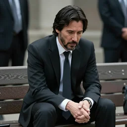 Sad Keanu Reeves In a business black suit, sitting on a bench and sad, focus in the foreground, realism, details,