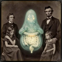 spirit photography with glowing bulbous intestinal ectoplasm, slimer from ghostbusters, mourning family, invoke fear and dread, old photograph, daguerreotype, 1 8 0 0 s, abraham lincoln