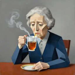 a portrait of a geometric sad old lady drinking exploding tea, by max ernst and alfred pellan