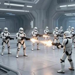 long shot, sci - fi battlefield, star wars republic army clones versus droids army with blaster fire and explosions, digital art, art station, render, volumetric light
